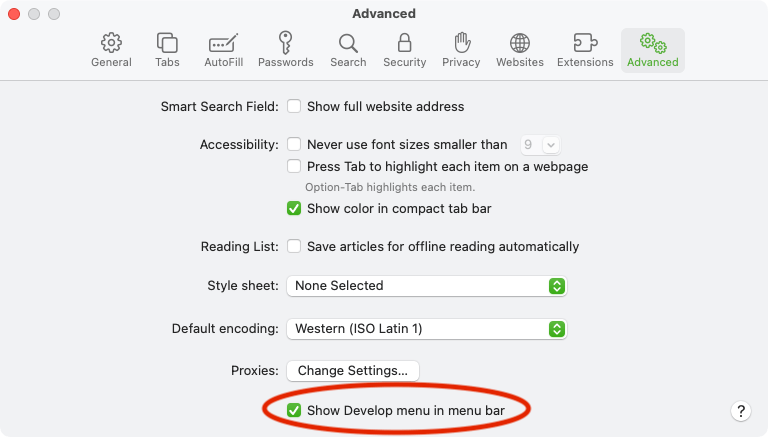 Advanced settings on macOS for Safari